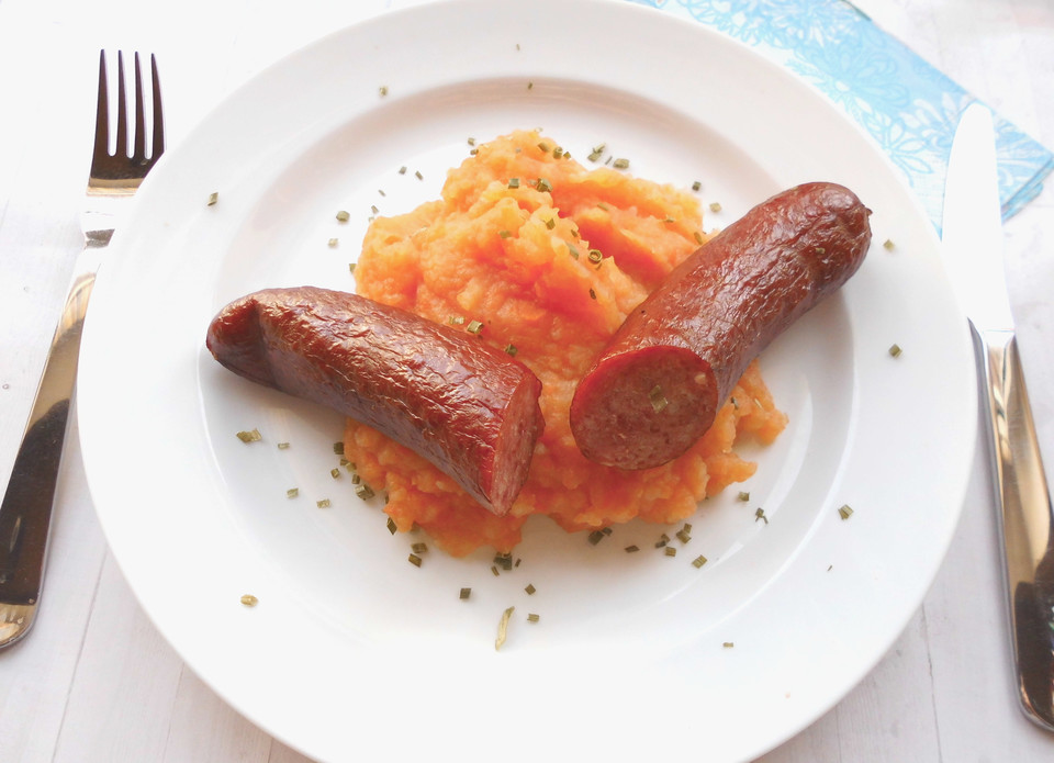 Karotten - Kartoffelmus mit Cabanossi von problau | Chefkoch.de