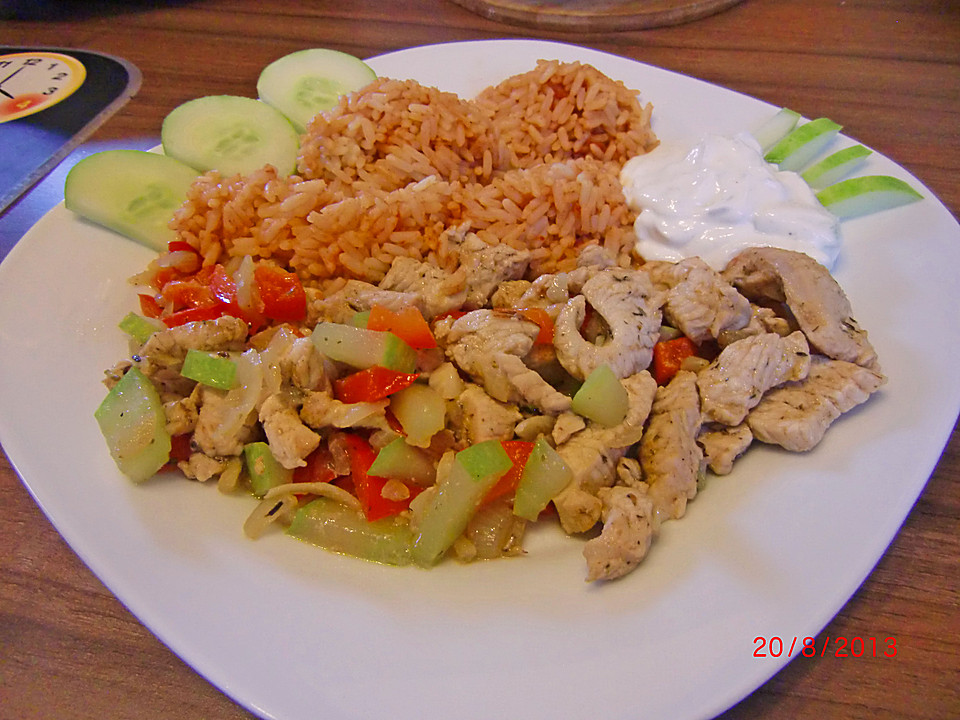 Buntes Pfannengyros mit Reis und Tzatziki von Manara | Chefkoch.de