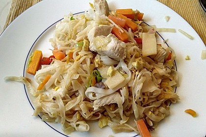 Chinesisch gebratene Nudeln mit Hühnchenfleisch, Ei und Gemüse 55