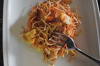 Chinesisch gebratene Nudeln mit Hühnchenfleisch, Ei und Gemüse 46
