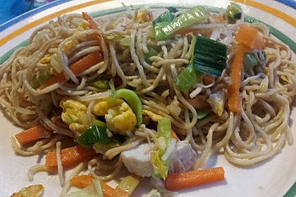 Chinesisch gebratene Nudeln mit Hühnchenfleisch, Ei und Gemüse 64